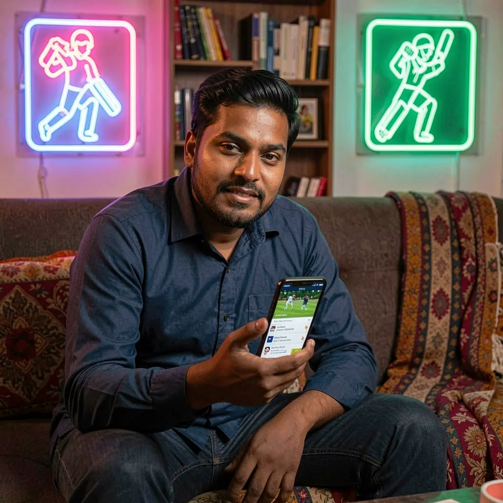 Focused Bangladeshi player using the 9P999 sports betting app on his phone with glowing cricket icons behind him