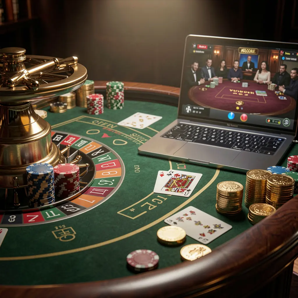 Luxury online roulette setup with stacked casino chips on a laptop keyboard and a glowing roulette wheel on screen highlighting high end gaming at 9P999