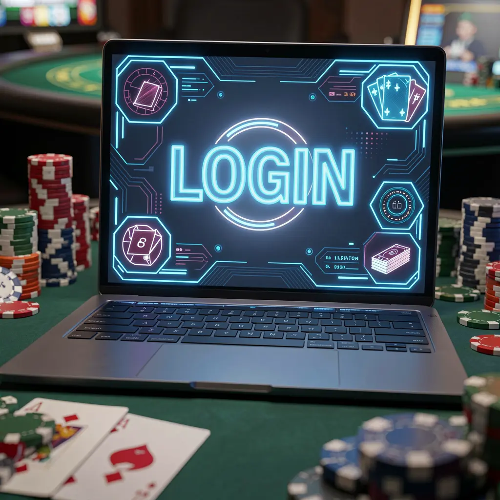 Modern laptop displaying the 9P999 login screen with a glowing interface and blurred casino chips and cards in the background