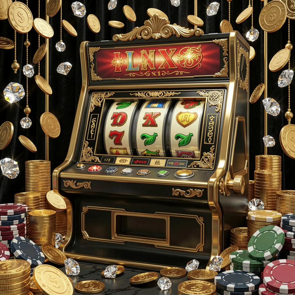Elegant slot machine with golden details and flying coins symbolizing big wins and luxury gameplay at 9P999 online casino